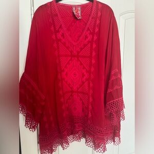 Johnny Was Red Embroidered Tunic Top | Boho Lace Trim Peasant Blouse XL